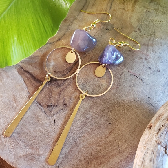 Boho Chic Geometric Raw Bass Earrings with Purple Amethyst Stones - Picture 3 of 5